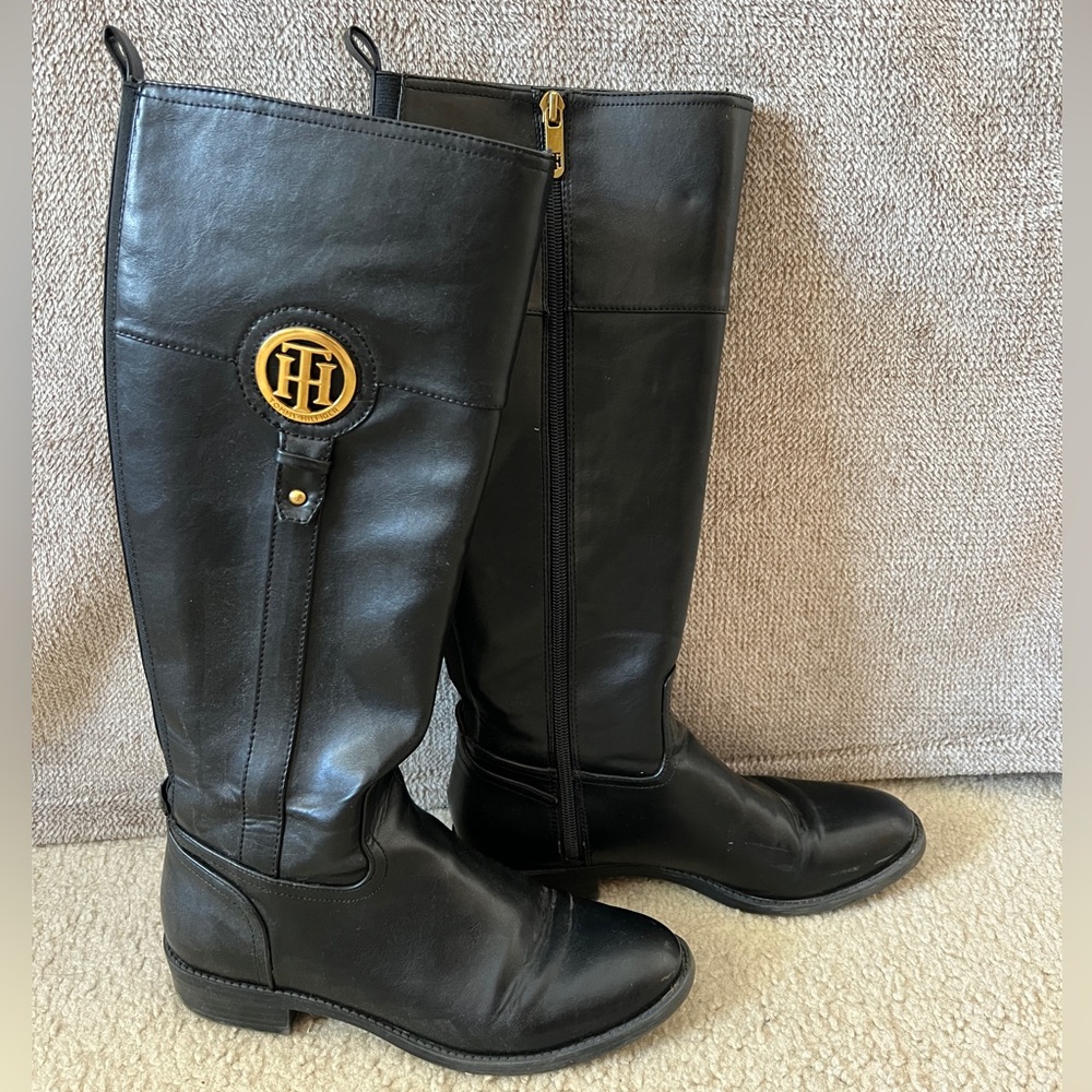 Tommy Hilfiger Black Tall Boots with Gold Accents- Size 7